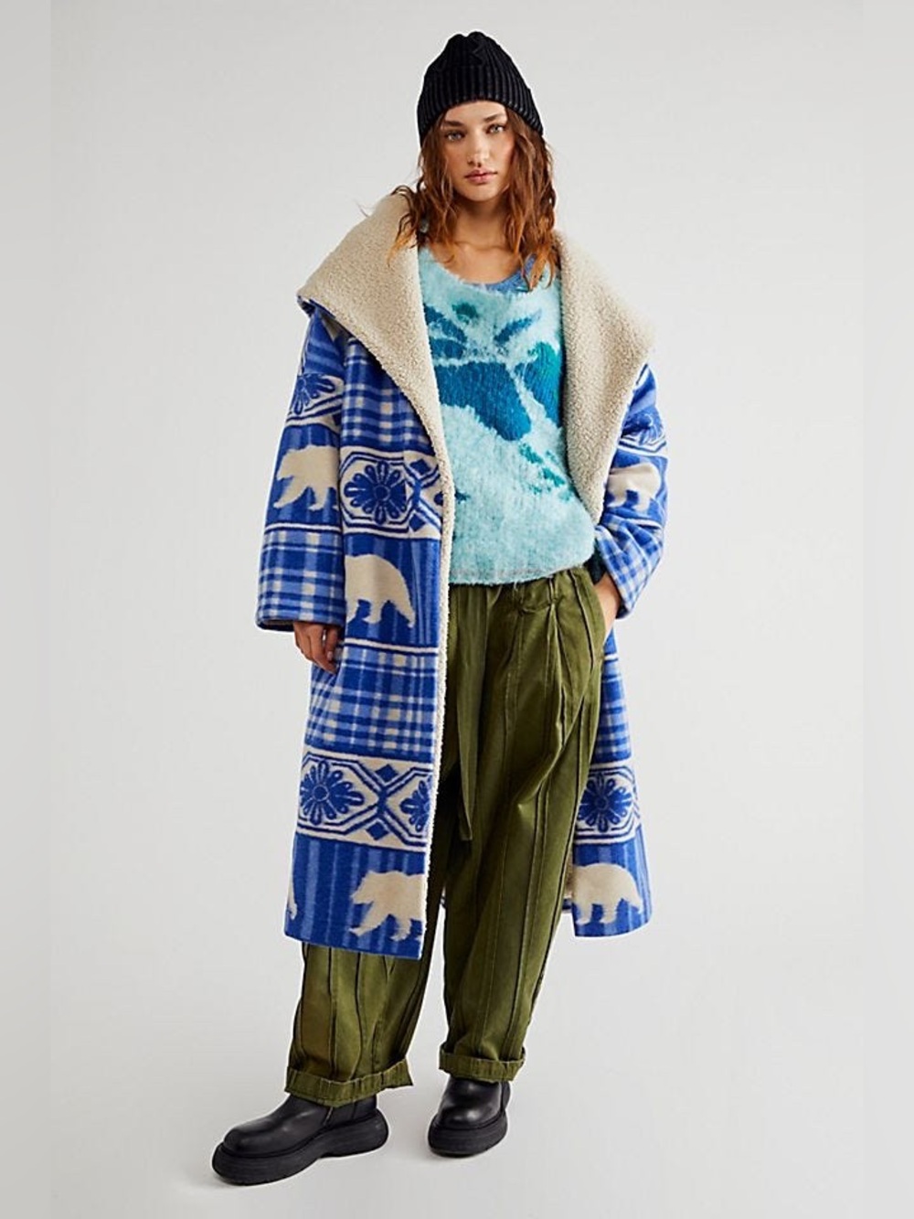 New! Free People It’s All Happening Blue Patterned Sherpa Teddy Coat 💙 XS-S
